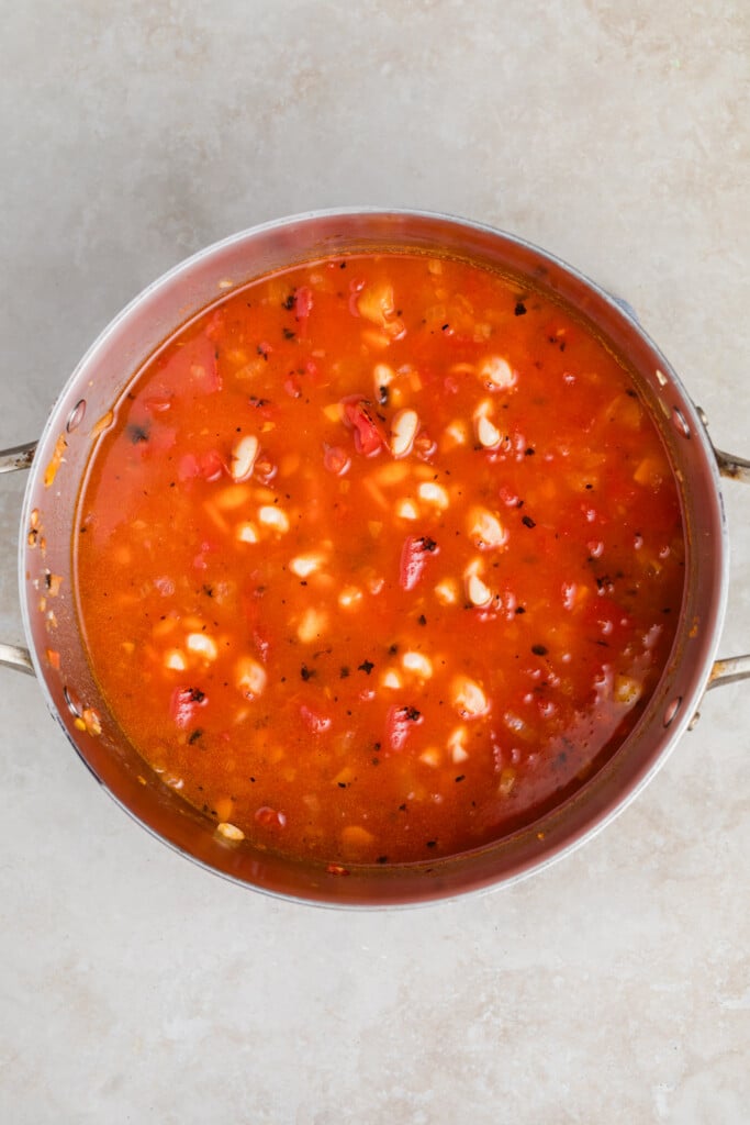 A large pot filled with creamy tomato soup packed with white beans, diced tomatoes, and herbs sits on a light-colored countertop.