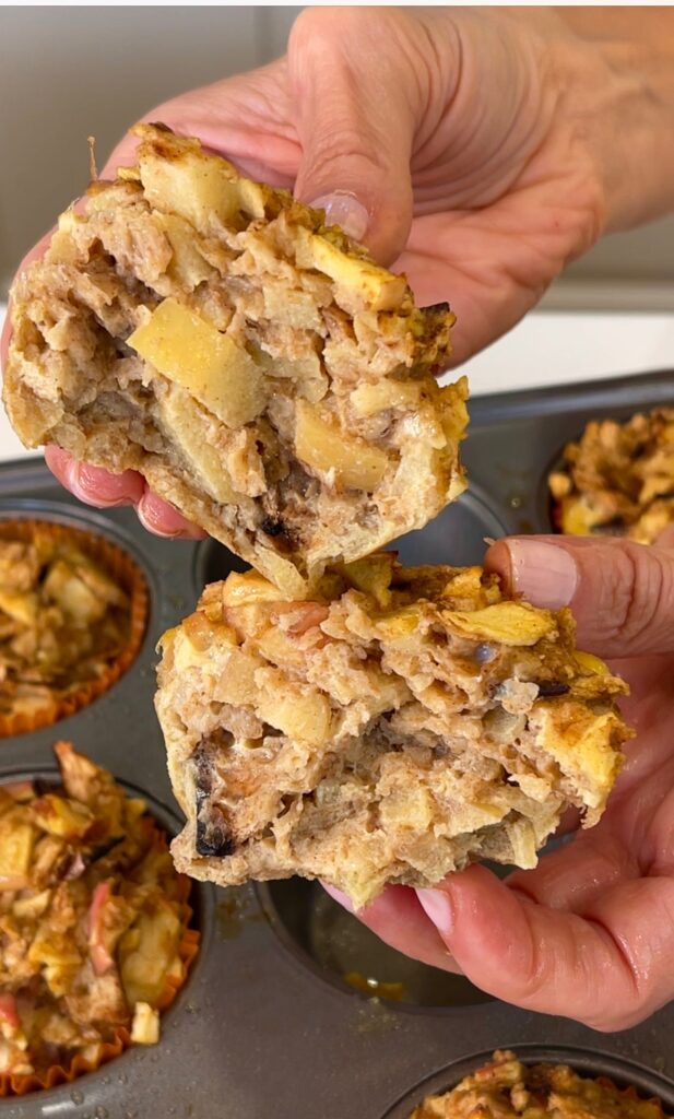 Apple-Cinnamon Matzah Brei Muffins
 torn apart and shown