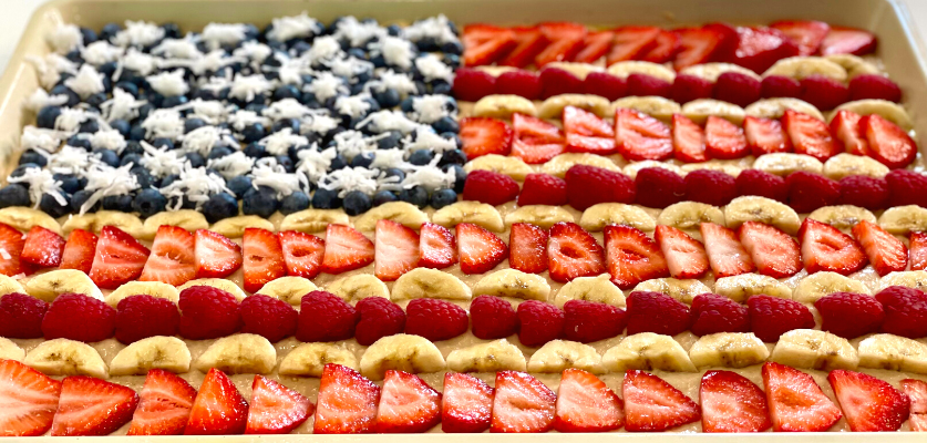 American Flag sheet pan pancakes on a sheet pan