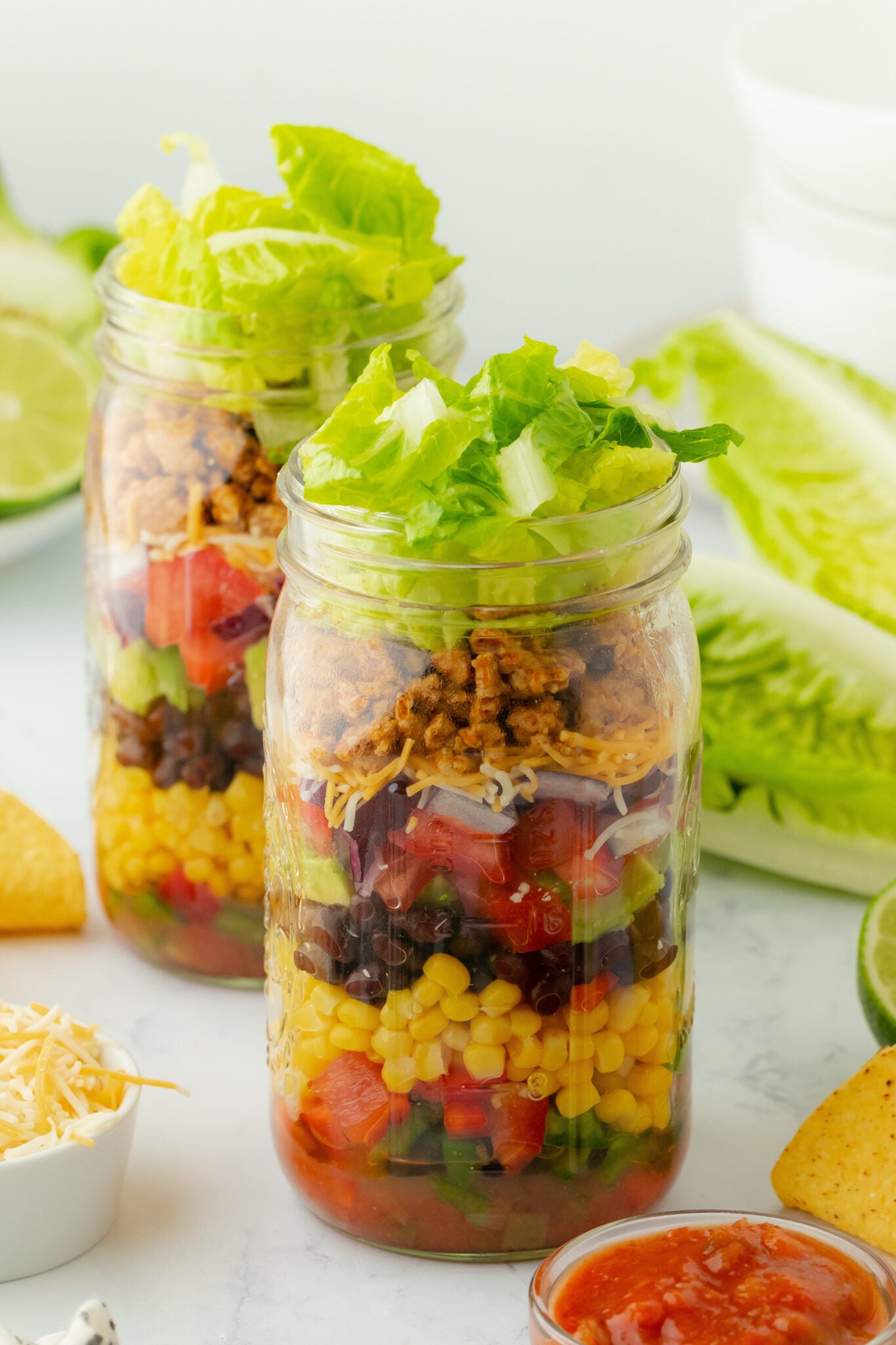 Halal ground beef taco salad meal prep jars layered for grab-and-go lunch all week