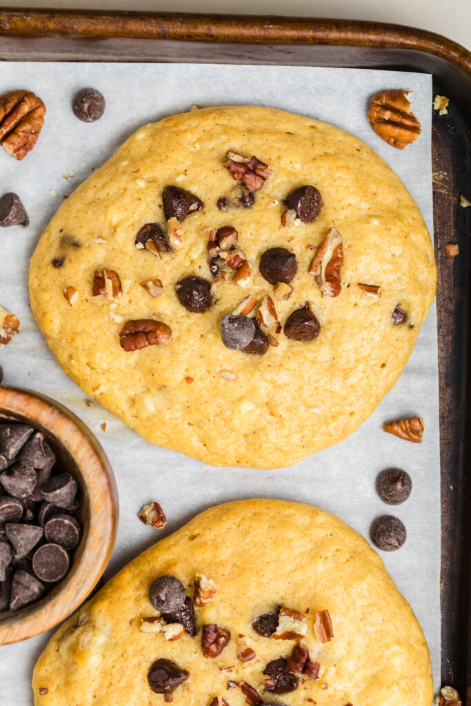 Super close-up of a banana chocolate chip protein pastry highlighting its soft, fluffy texture.