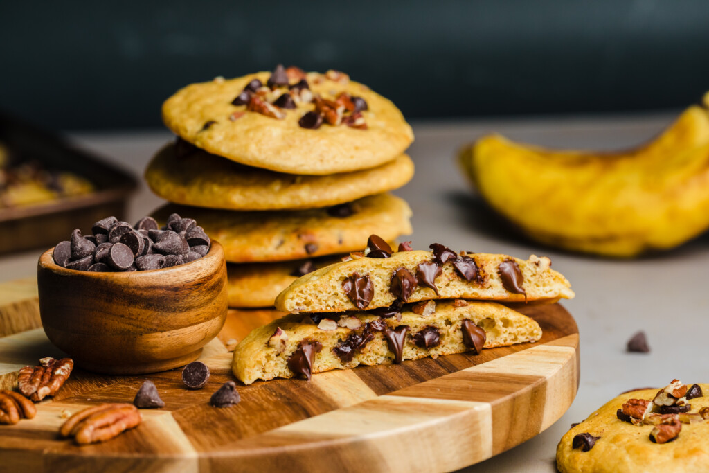 Banana chocolate chip protein pastry cut open to show melty chocolate chip interior.