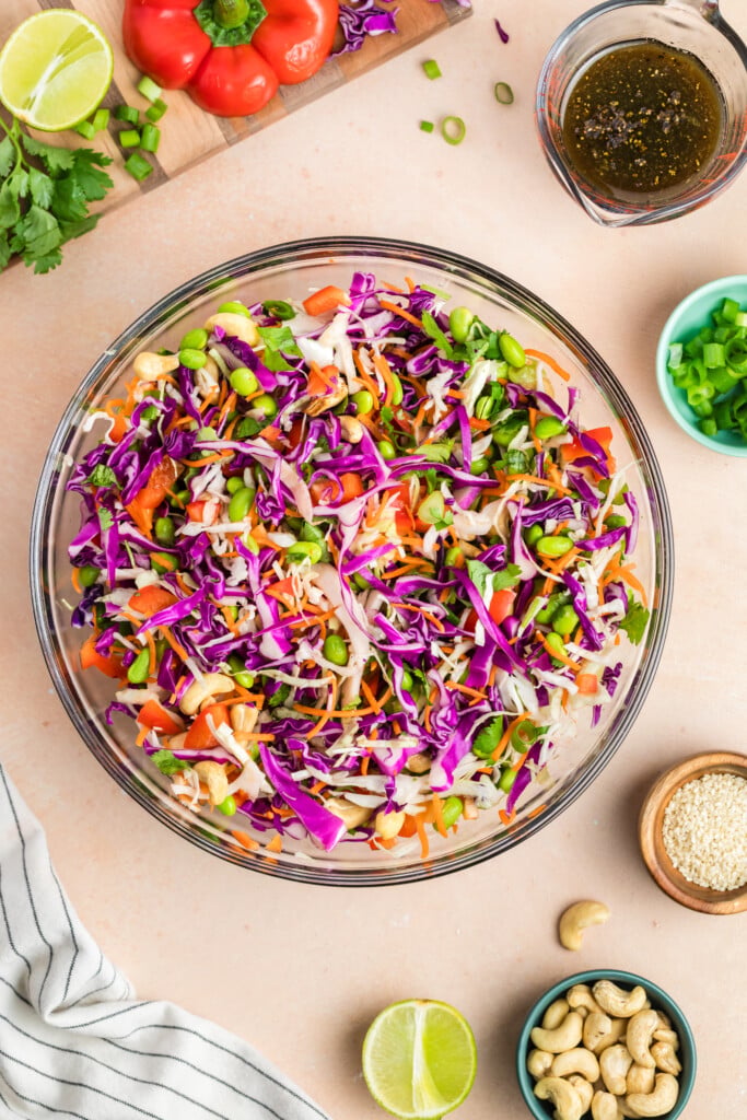 Edamame crunch salad fully mixed with shredded cabbage, carrots, edamame, cashews, and sesame ginger dressing.