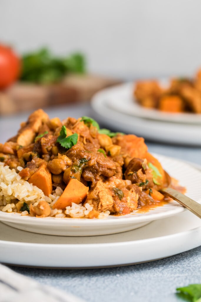 A close-up of Moroccan-Spiced Chicken Stew with Sweet Potatoes & Chickpeas, served over rice and garnished with fresh cilantro. Chunks of chicken, chickpeas, and vegetables fill the plate; another serving is blurred in the background.