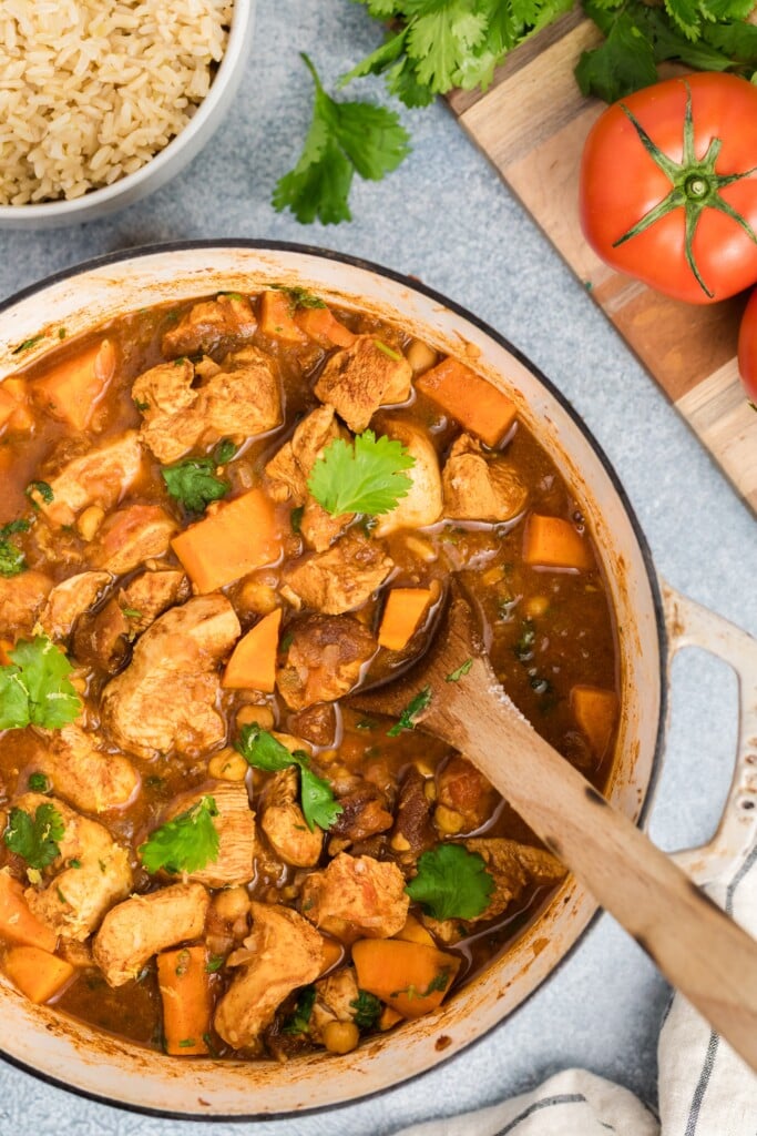 Moroccan-spiced chicken stew in a Dutch oven