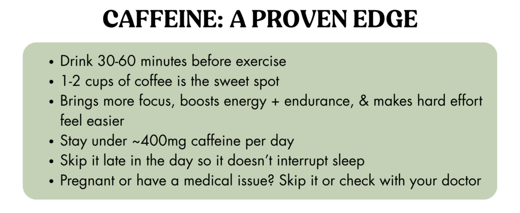 A list of caffeine tips, including timing before exercise, ideal cup amount, benefits, daily limit, avoiding late intake, and advice for pregnant or medical conditions.