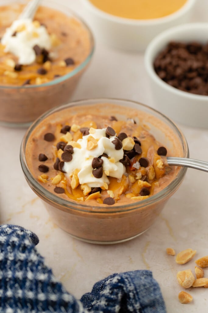 A glass bowl of Chocolate Peanut Butter Overnight Oats is topped with whipped cream, chocolate chips, chopped nuts, and a drizzle of peanut butter. A spoon rests in the bowl while other tempting toppings are visible in the background.
