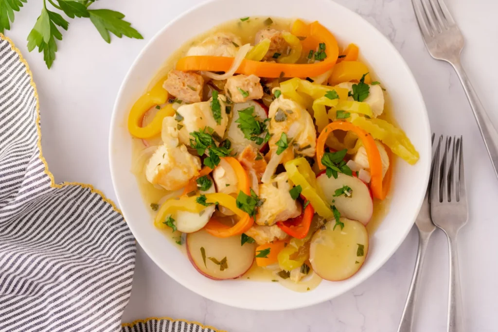 A bowl of fish stew with sliced potatoes, bell peppers, parsley, and herbs, placed on a white surface with two forks and a striped napkin nearby.