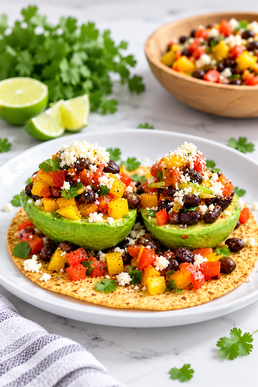 Two avocado halves stuffed with black beans, bell peppers, and mango on a tostada, topped with cheese and cilantro, serving as a heart-healthy option in recipes to lower blood pressure.