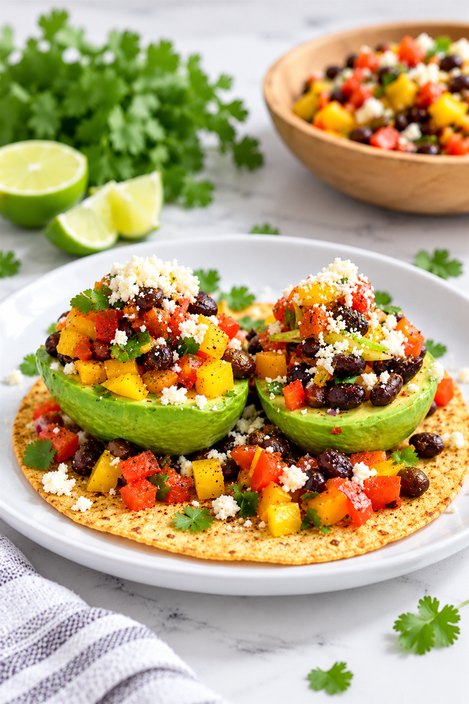Two avocado halves stuffed with black beans, bell peppers, and mango on a tostada, topped with cheese and cilantro, serving as a heart-healthy option in recipes to lower blood pressure.